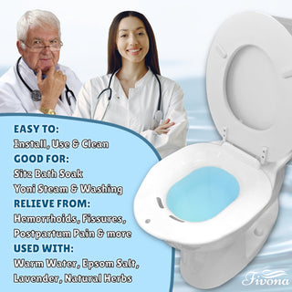 Fivona Seat is easy to install, use and clean. Good for sitz bath soak, yoni steam and daily washing. Perfect to have relief from hemorrhoids, fissures, postpartum pain and more. Can be used with warm water, epsom salt, lavender, natural herbs