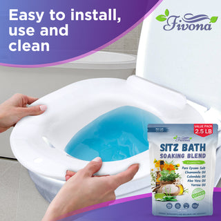 Fivona 2 in 1 Sitz Bath Soak Kit for Hemorrhoids and Postpartum Care - Soaking Blend Epsom Salt with Essential Oils 40oz and Over The Toilet Seat