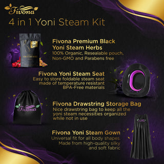 Fivona Yoni Steam Kit contents infographic – seat, herbs, gown, storage bag