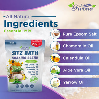 Fivona 2 in 1 Sitz Bath Soak Kit for Hemorrhoids and Postpartum Care - Soaking Blend Epsom Salt with Essential Oils Value Pack 40 oz and Over The Toilet Seat