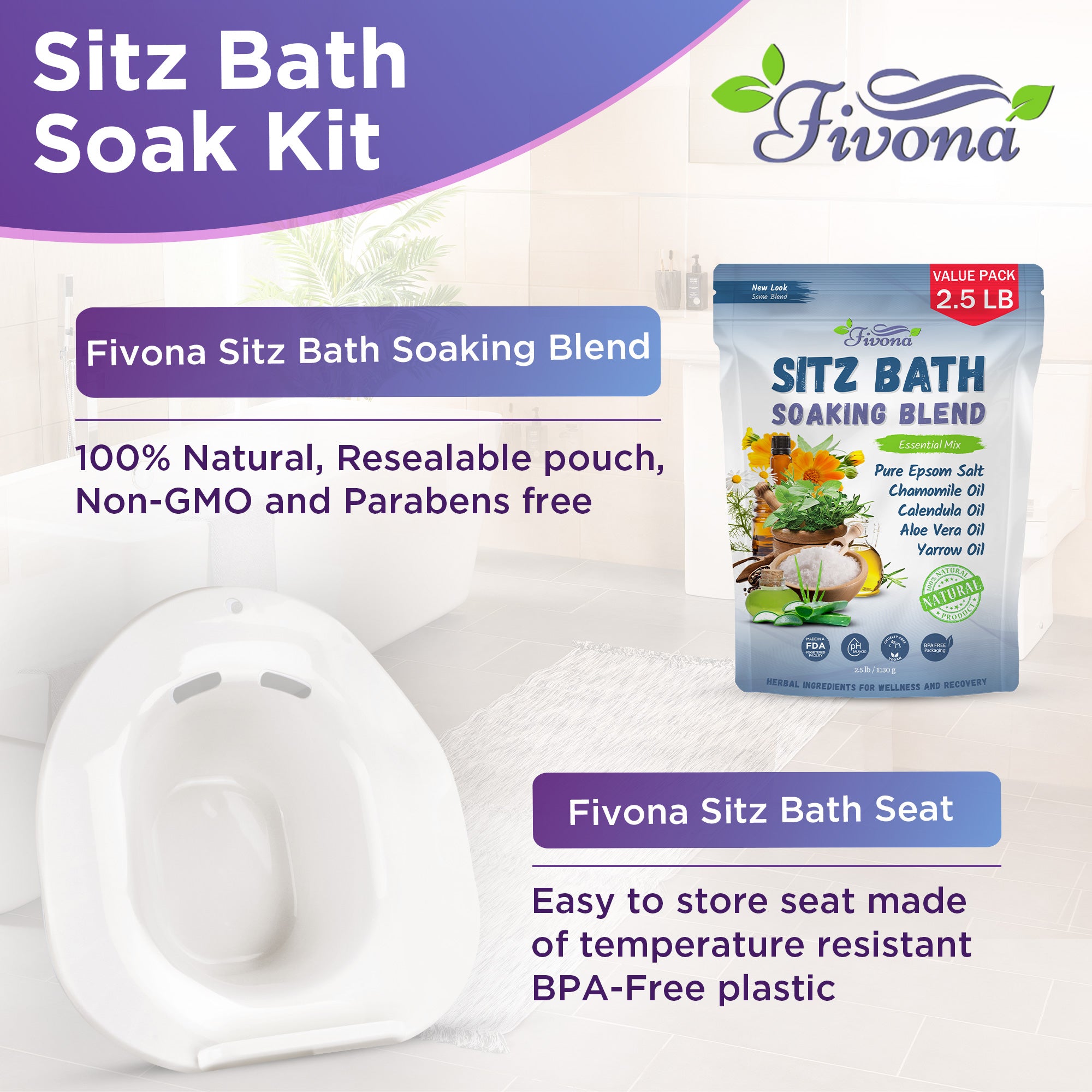 Sitz Bath Soak Seat with Epsom Salt Soaking Blend 2.5 LB by Fivona ...