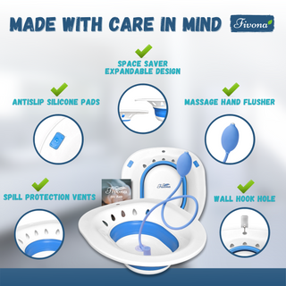 Fivona Seat is made with care in mind. Has anti slip silicone pads, spill protection vents, wall hook hole, massage hand flusher and expandable design which makes it a space saver.