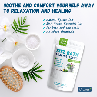 Soothe and Comfort yourself away to relaxation and healing with Fivona Sitz Bath Soak Blend made of natural epsom salt, rich herbal essential oils, for bath and sitz soak, no added chemicals