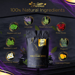 Fivona Premium Yoni Steam Herbs is made of 100% Natural Ingredients which are chamomile flower, raspberry leaf, peppermint leaf, lavender, rosemary leaf, rose petals, mugwort and calendula.