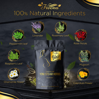 Fivona Premium Yoni Steam Herbs is made of 100% Natural Ingredients which are Chamomile Flower, Raspberry Leaf, Peppermint Leaf, Lavender, Rosemary Leaf, Rose Petals, Mugwort, Calendula Flowers