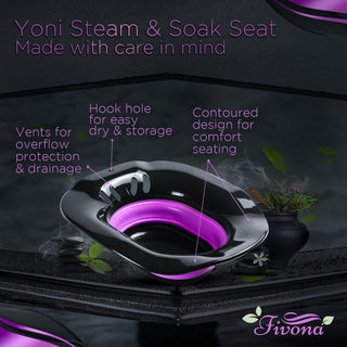 Fivona Yoni Steam and Soak Seat is made with care in mind. It has vents for overflow protection and drainage. Hook hole for easy dry and storage. Contoured design for comfort seating.