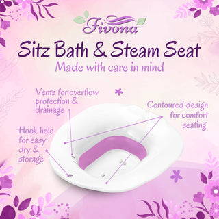 Fivona Sitz Bath and Yoni Steam Seat is made with care in mind. Has vents for overflow protection and drainage while the contoured design ensures comfortable sitting. Has hook hole for easy dry and storage.