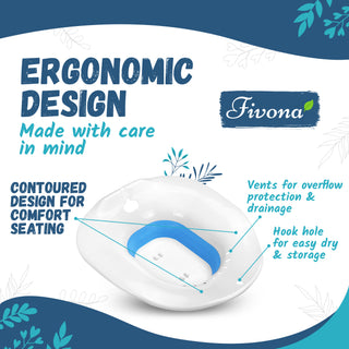 Fivona Seat has ergonomic design made with care in mind. Has contoured design for comfortable sitting. Vent holes for overflow protection and drainage. Has hook hole making it easy to dry and store.
